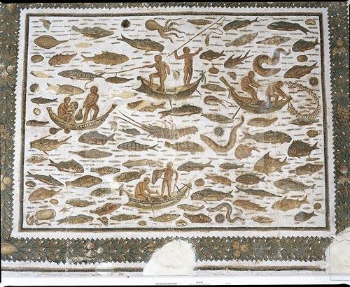 mosaique;antiquite;mer;barque;poisson;sousse