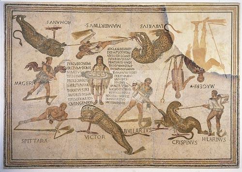 mosaique;antiquite;sousse;amphitheatre;jeux;combat;gladiateur;spectacle;fauve