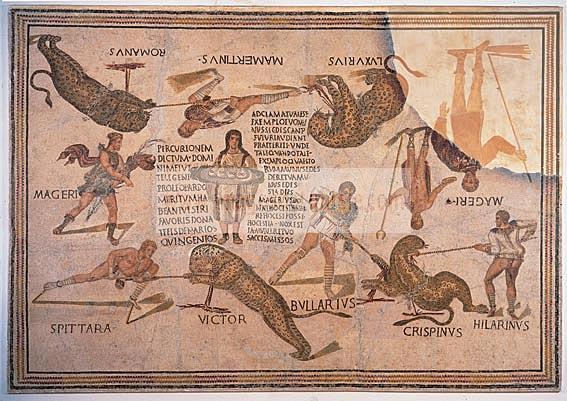 mosaique;antiquite;sousse;amphitheatre;jeux;combat;gladiateur;spectacle;fauve