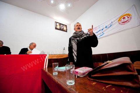 12 mars 2011 : Réunion de la commission administrative du syndicat national de l'Enseignement Secondaire, présidée par M. Mouldi Jendoubi. Au coeur de l'UGTT (Union Générale Tunisienne du Travail), siège historique de la Place Mohamed Ali à Tunis.