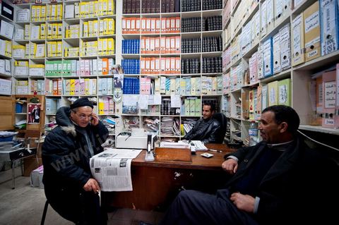 12 mars 2011 : Bureau des archives de l'UGTT. Au coeur de l'UGTT (Union Générale Tunisienne du Travail), siège historique de la Place Mohamed Ali à Tunis.