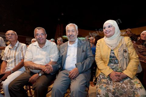 13 août 2011 : Rached Ghannouchi et Farida Laabidi à la Commération par le parti Ennahda de la Fête de la Femme et du Code du Statut personnel tunisien au Palais des Congrés de Tunis, avec discours de Farida Laabidi, militante, de Rached Ghannouchi, fondateur et chef du parti Ennahda, ainsi que Psycho-M, rappeur fortement engagé dans ses propos islamistes. Rached Ghannouchi annonce la volonté de ne pas inscrire la polygamie dasn la prochaine élection, la Tunisie n'ayant pas les moyens pour cela ...