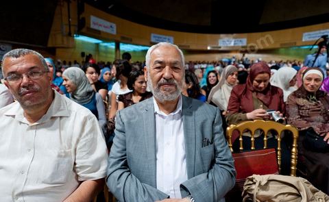 13 août 2011 : Rached Ghannouchi à la Commération par le parti Ennahda de la Fête de la Femme et du Code du Statut personnel tunisien au Palais des Congrés de Tunis, avec discours de Farida Laabidi, militante, de Rached Ghannouchi, fondateur et chef du parti Ennahda, ainsi que Psycho-M, rappeur fortement engagé dans ses propos islamistes. Rached Ghannouchi annonce la volonté de ne pas inscrire la polygamie dasn la prochaine élection, la Tunisie n'ayant pas les moyens pour cela ...