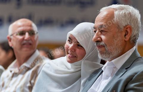 13 août 2011 : Rached Ghannouchi à la Commération par le parti Ennahda de la Fête de la Femme et du Code du Statut personnel tunisien au Palais des Congrés de Tunis, avec discours de Farida Laabidi, militante, de Rached Ghannouchi, fondateur et chef du parti Ennahda, ainsi que Psycho-M, rappeur fortement engagé dans ses propos islamistes. Rached Ghannouchi annonce la volonté de ne pas inscrire la polygamie dasn la prochaine élection, la Tunisie n'ayant pas les moyens pour cela ...