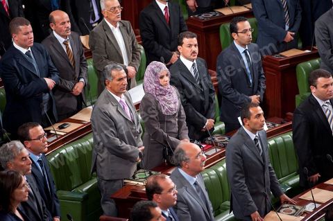 22 novembre 2011 : Première réunion de l'assemblée constituante élue le 23 octobre avce en 1ère séance la présence des 217 députés élus, les membres du gouvernement de Beji CaÎd Essebsi sortant et le Président la République sortant M. Foued Mbazaa. Ici les députés de El Aridha 