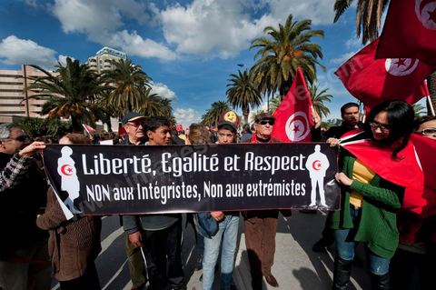 28 janvier : à Tunis près de 10 000 manifestations se sont réunis à l'appel de la société civile et dela nouvelle coalition politique et d'opposition pour une marche pacifique contre la violence, pour les libertés d'expression et pour défendre et promouvoir les valeurs démocratiques de la Révolution. La contre manifestation classique des militants d'Ennahdha est restée quasi inaperçue face à la masse inportante des manifestants pour "défendre les libertés individeuelles et publiques " et protester contre " la violence et l'extrémisme religieux".