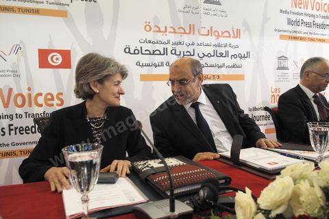 4 mai 2012 : Hamadi Jebali, Premier Ministre tunisien et Mme Irina Bokova Directrice Genérale de l'Unesco à l'Ouverture de la Conférences Interbationale "les nouvelles voix" laliberté d ela presse, un vecteur de transformation des sociétés dans le cadre d ela journée mondiale de la liberté d ela presse oragnisée à Tunis par l'UNESCO.