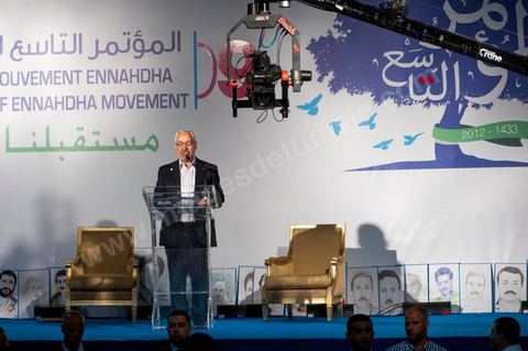12 juillet : Rached Ghannouchi, président et fondateur de Ennahdha,  lors du 9ème congrès du mouvement islamiste Ennahdha, parti au pouvoir en Tunisie. plus de 10 000 congrèsites pour la grande cérémonie d'ouverture du congrès qui cloturera le 15 juillet.