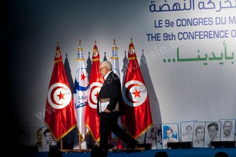 12 juillet : Rached Ghannouchi, président et fondateur de Ennahdha,  lors du 9ème congrès du mouvement islamiste Ennahdha, parti au pouvoir en Tunisie. plus de 10 000 congrèsites pour la grande cérémonie d'ouverture du congrès qui cloturera le 15 juillet.