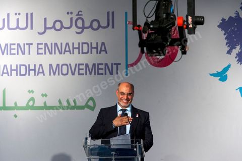 12 juillet : Hamadi Jebali, secretaire general de Ennahdha et Président du gouvernement tunisien,  lors du 9ème congrès du mouvement islamiste Ennahdha, parti au pouvoir en Tunisie. plus de 10 000 congrèsites pour la grande cérémonie d'ouverture du congrès qui cloturera le 15 juillet.
