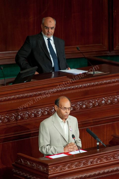 25 juillet : en bas en discours Moncef Marzouki, Président de la République et Hammadi Jebali , Président du gouvernement au perchoir de l'ANC pour la commémoration du 55ème anniversaire de la République tunisienne avec les discours des 3 présidents à l'Assemblée Nationale Constituante.