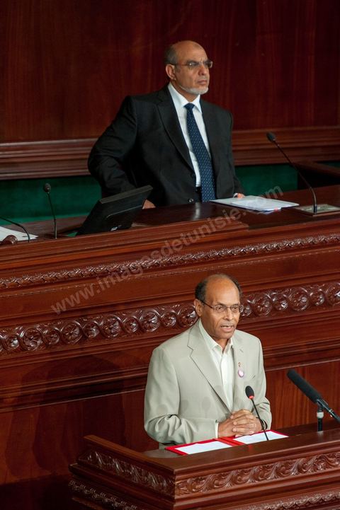 25 juillet : en bas en discours Moncef Marzouki, Président de la République et Hammadi Jebali , Président du gouvernement au perchoir de l'ANC pour la commémoration du 55ème anniversaire de la République tunisienne avec les discours des 3 présidents à l'Assemblée Nationale Constituante.
