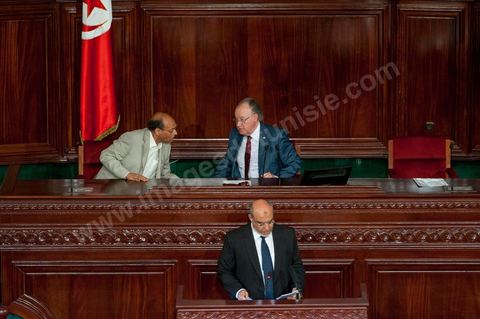 25 juillet : les 3 présidents au perchoir de l'assemblée Mustapha Ben Jaafar, Président de l'ANC, Moncef Marzouki, Président de la République et Hammadi Jebali , Président du gouvernement, arrivent à l'ANC pour la commémoration du 55ème anniversaire de la République tunisienne avec les discours des 3 présidents à l'Assemblée Nationale Constituante.