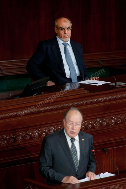 23 octobre 2012 : discours des trois président, ici M. Ben Jaafar et H. Jebali à la séance plénière solennelle de l’Assemblée Nationale Constituante pour le premier anniversaire des élections du 23 octobre 2011 en présence des trois présidents Moncef Marzouki, Président de la République, Hammadi Jebali, Président du Gouvernement et Mustapha Ben Jaafar, Président de l'Assemblée.