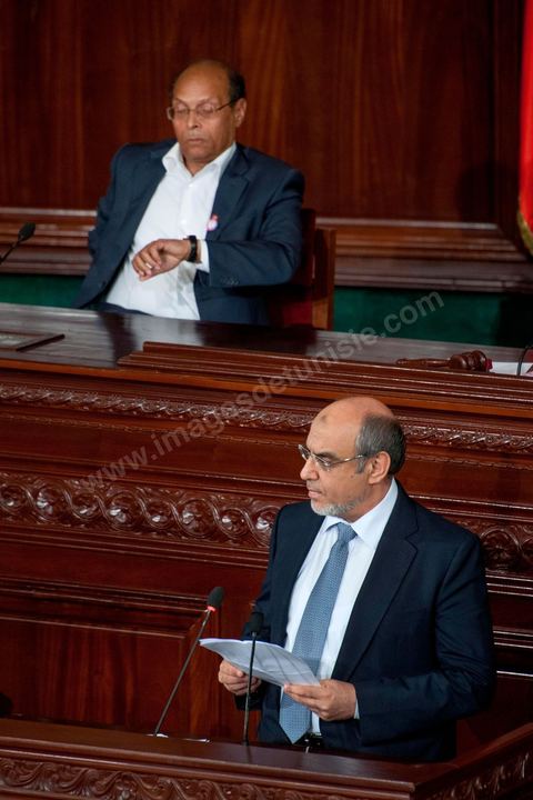 23 octobre 2012 : Discours des trois présidents, ici Moncef Marzouki et H. Jebali à la séance plénière solennelle de l’Assemblée Nationale Constituante pour le premier anniversaire des élections du 23 octobre 2011 en présence des trois présidents Moncef Marzouki, Président de la République, Hammadi Jebali, Président du Gouvernement et Mustapha Ben Jaafar, Président de l'Assemblée.