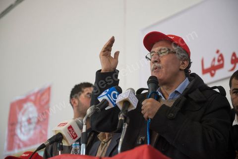 6 janvier 2013 : Meeting du Front populaire, qui rassemble les principaux partis d'extrême gauche,  à Gafsa, le 6 janvier 2013. Hama Hamami, leader du Parti des travailleurs, était le principal intervenant.