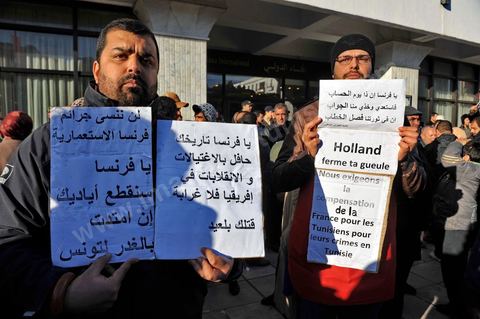 09 février 2013 : manifestation des partisans de Ennahdha sur l'avenue Habib Bourguiba à Tunis. Plus de 3.000 manifestants scandaient samedi des slogans pro-islamistes et anti-français dans le centre de Tunis lors d'un rassemblement à l'appel du parti islamiste au pouvoir Ennahda alors que la Tunisie est plongée dans l'incertitude depuis l'assassinat de l'opposant Chokri Belaïd.