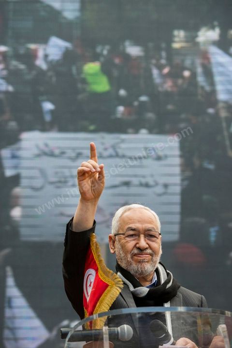 16 février 2013Rached Ghannouchi, président d'Ennahdha, à la Manifestation organisée le 16 février 2013 pour défendre la légitimité de l'Assemblée constituante et le principe d'un gouvernement politique.