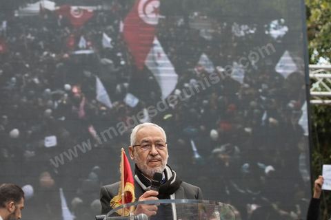 16 février 2013Rached Ghannouchi, président d'Ennahdha, à la Manifestation organisée le 16 février 2013 pour défendre la légitimité de l'Assemblée constituante et le principe d'un gouvernement politique.