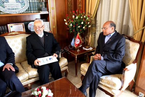 22 février 2013 : Moncef Marzouki, Président de la République, et Rached Ghannouchi, président du parti Ennahdha, venu remettre au Président sa proposition de Premier Ministre. Ali Laryedh sera désigné Premier Ministre.