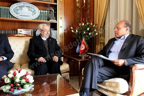 22 février 2013 : Moncef Marzouki, Président de la République, et Rached Ghannouchi, président du parti Ennahdha, venu remettre au Président sa proposition de Premier Ministre. Ali Laryedh sera désigné Premier Ministre.