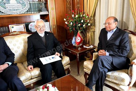 22 février 2013 : Moncef Marzouki, Président de la République, et Rached Ghannouchi, président du parti Ennahdha, venu remettre au Président sa proposition de Premier Ministre. Ali Laryedh sera désigné Premier Ministre.