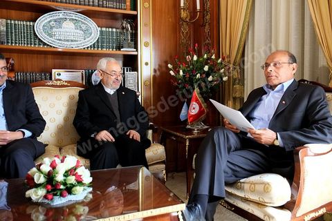 22 février 2013 : Moncef Marzouki, Président de la République, et Rached Ghannouchi, président du parti Ennahdha, venu remettre au Président sa proposition de Premier Ministre. Ali Laryedh sera désigné Premier Ministre.