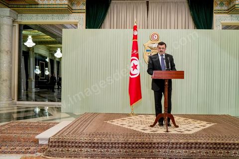 22 février 2013 : Palais Présidentiel de Carthage, Moncef Marzouki, Président de la République, reçoit Ali Laryedh, le nouveau Premier Ministre, choisit par le parti Ennahdha. Le Président remet sa décision au Premier Ministre. Puis intervention de Ali Laryedh. 