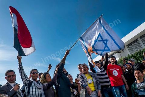 29 mars 2013 : les militants tunisiens du parti Bass pro Bachar El Assad sur la place centrale du FSM brule le drapeau israélien au dernier jour des rencontres du Forum Social Mondial sur le campus universitaire de Tunis. Ce premier forum en Terre arabe a été fortement marqué par les revendicatiosn et constatestations nationaliste arabes, et dominé par un hommage et soutien constant au peuple palestinien.