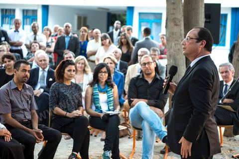 4 juillet 2013 : François Hollande au Lycée français Gustave Flaubert à la Marsa, lors de sa visite d'Etat à Tunis les 4 et 5 juillet 2013.