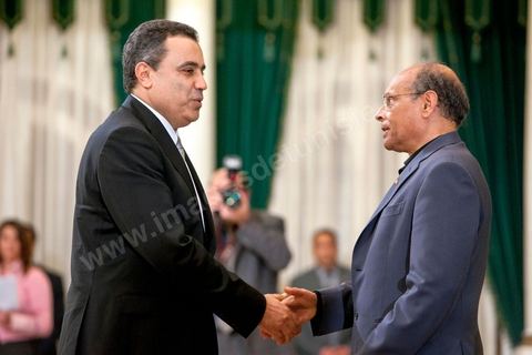 13 mars 2013 : Mehdi Jomaa lors de sa prestation de serment comme Ministre de l'Industrie, avec Moncef Marzouki Président de la République, a été nommé samedi 14 décembre nouveau Premier Ministre tunisien suit au Dialogue national.