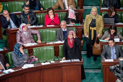 9 janvier 2014 : Mounia Brahim (Ennahdha) explique les raisons de son opposition au principe de partité prévu dans l'article 45. Le 9 janvier, l'assemblée nationale constituante a adopté une version de l'article 45 qui consacre la défense des droits acquis par la femme et le principe de la parité dans les assemblées élus.
