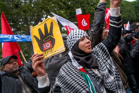14 janvier 2014 : Militants d'Ennahdha, sur l'avenue Habib Bourguiba à Tunis quelques milliers de tunisiens sont venus se rassembler pour commémorer le troisième anniversaire du départ de l'ancien Président Ben Ali, aboutissement des mouvements de révoltes en région démarrés le 17 décmbre 2010. Tous les genres politiques se croisent et se chamaillent l'avenue, d'un côté les islamistes avec Ennahdha, les ligues et même un nouveau mouvement islamiste anachiste, de l'autre la gauche et l'opposition commémorant à la fois le départ des anciens et la mémoire des martyrs de la révolution et des martyrs politiques. 