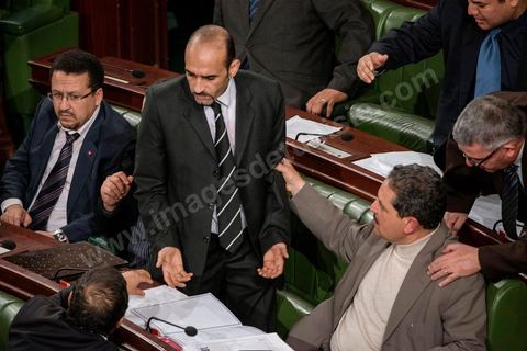 23 janvier 2014 : Ali Houiji (élu sur la liste de la Pétition populaire) raisonné par Fadhel Moussa (groupe démocrate). Du 3 au 23 janvier, les députés de l'assemblée nationale constituante ont examiné, amendé et voté la Constitution article par article. Après plusierus jours très animés, les députés votent en cette soirée les dernières articles, reste plus que le vote solennel prévu le lendemain