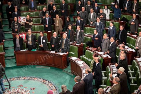 23 janvier 2014 : Les élus célèbrent le vote du dernier article de la Constitution. Du 3 au 23 janvier, les députés de l'assemblée nationale constituante ont examiné, amendé et voté la Constitution article par article. Après plusierus jours très animés, les députés votent en cette soirée les dernières articles, reste plus que le vote solennel prévu le lendemain