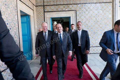 7 février 2014 : Arrivée de François Hollande à l'ANC accueilli par son président Mustapha Ben Jaafar. cérémonie de célébration de la nouvelel constitution tunisienne à l'Assemblée Nationale constituante en pésence des 3 présidents tunisiens, Moncef Marzouki, présidnet de la République, Mustapha Ben Jaafar, Président de l'Assemblée, et Mehdi Jomaa, Président du gouvernment, ainsi que du président françois François Hollande et des représentants de plusieurs pays, députés et leaders de partis politiques.