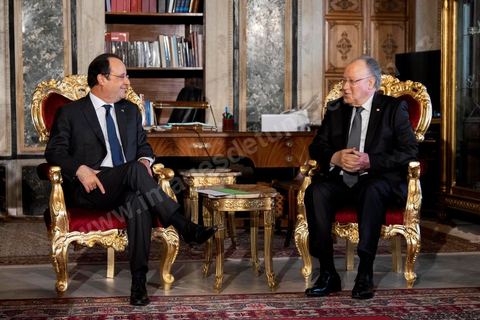 7 février 2014 : Entretien entre François Hollande et Muspha Ben Jaafar, président de l'ANC. Cérémonie de célébration de la nouvelel constitution tunisienne à l'Assemblée Nationale constituante en pésence des 3 présidents tunisiens, Moncef Marzouki, présidnet de la République, Mustapha Ben Jaafar, Président de l'Assemblée, et Mehdi Jomaa, Président du gouvernment, ainsi que du président françois François Hollande et des représentants de plusieurs pays, députés et leaders de partis politiques.