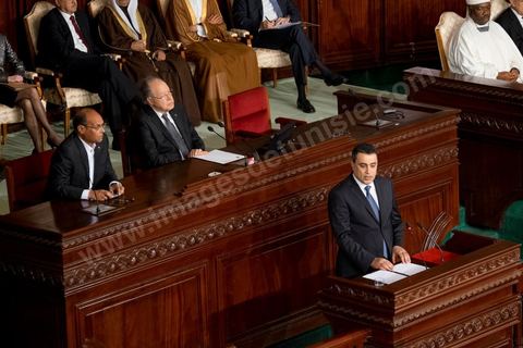 7 février 2014 : Discours de Mehdi Jomaa, nouveau Premier ministre tunisien dans l'hemicycle de l'ANC.  Cérémonie de célébration de la nouvelel constitution tunisienne à l'Assemblée Nationale constituante en pésence des 3 présidents tunisiens, Moncef Marzouki, présidnet de la République, Mustapha Ben Jaafar, Président de l'Assemblée, et Mehdi Jomaa, Président du gouvernment, ainsi que du président françois François Hollande et des représentants de plusieurs pays, députés et leaders de partis politiques.