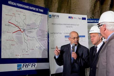 25 avril 2014 : Visite du chantier du Réseau Ferroviaire Rapide de Tunis (RFR) à Tunis. Projet financé par l'état tunisien, l'AFD, la BEI, la KfW et l'UE. Visite conjointe de Laurent Fabius, Ministre des Affaires Etrangères français et de son homologue allemand Frank-Walter Steinmeier à Tunis.