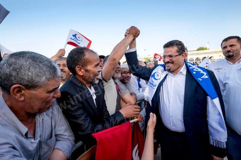 7 juin 2014 : Rafik Abdessalem Bouchleka. le parti islamiste Ennahdha fête son 33ème anniversaire sur la grade place de la Kasbah à Tunis. Plus de 3000 militants sont venus assister à ce qui ressemble à un meeting politique, musique et discours du fondateur et président du parti Rached Ghannouchi.
