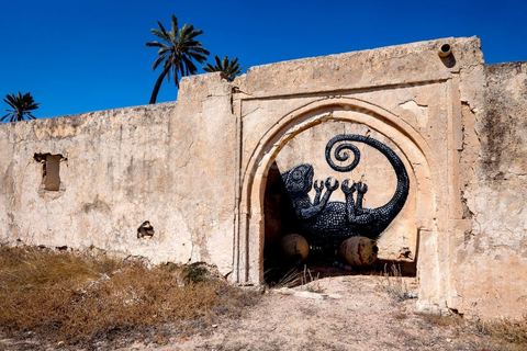 Oeuvre de l'artiste belge ROA pour le Projet DjerbaHood : après la Tour Paris 13, la team Itinerrance dépose ses valises dans un village traditionnel de l’île de Djerba, Erriadh. Depuis le début du mois de juillet, le village d’Erriadh se métamorphose petit à petit pour devenir un véritable musée à ciel ouvert. Une sélection d’artistes des quatre coins du monde ont été invités à s’exprimer dans ce décor unique à l’architecture authentique : murs blancs, portes bleues turquoises, dômes, veilles constructions et divers lieux abandonnés, autant de possibilités qui donneront naissance à des créations uniques aux couleurs locales.