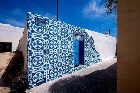 Oeuvre de l'artiste portugais ADD FUEL pour le Projet DjerbaHood : après la Tour Paris 13, la team Itinerrance dépose ses valises dans un village traditionnel de l’île de Djerba, Erriadh. Depuis le début du mois de juillet, le village d’Erriadh se métamorphose petit à petit pour devenir un véritable musée à ciel ouvert. Une sélection d’artistes des quatre coins du monde ont été invités à s’exprimer dans ce décor unique à l’architecture authentique : murs blancs, portes bleues turquoises, dômes, veilles constructions et divers lieux abandonnés, autant de possibilités qui donneront naissance à des créations uniques aux couleurs locales.