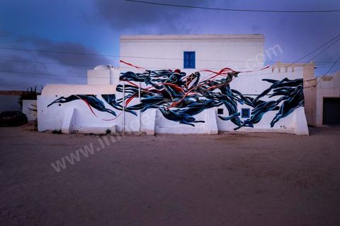 Oeuvre de l'artiste portugais PANTONIO pour le Projet DjerbaHood : après la Tour Paris 13, la team Itinerrance dépose ses valises dans un village traditionnel de l’île de Djerba, Erriadh. Depuis le début du mois de juillet, le village d’Erriadh se métamorphose petit à petit pour devenir un véritable musée à ciel ouvert. Une sélection d’artistes des quatre coins du monde ont été invités à s’exprimer dans ce décor unique à l’architecture authentique : murs blancs, portes bleues turquoises, dômes, veilles constructions et divers lieux abandonnés, autant de possibilités qui donneront naissance à des créations uniques aux couleurs locales.