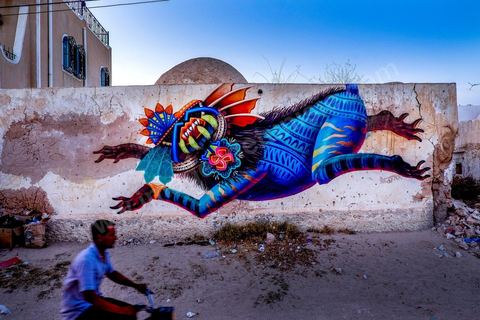 Oeuvre de l'artiste mexicain CURIOTL pour le Projet DjerbaHood : après la Tour Paris 13, la team Itinerrance dépose ses valises dans un village traditionnel de l’île de Djerba, Erriadh. Depuis le début du mois de juillet, le village d’Erriadh se métamorphose petit à petit pour devenir un véritable musée à ciel ouvert. Une sélection d’artistes des quatre coins du monde ont été invités à s’exprimer dans ce décor unique à l’architecture authentique : murs blancs, portes bleues turquoises, dômes, veilles constructions et divers lieux abandonnés, autant de possibilités qui donneront naissance à des créations uniques aux couleurs locales.
