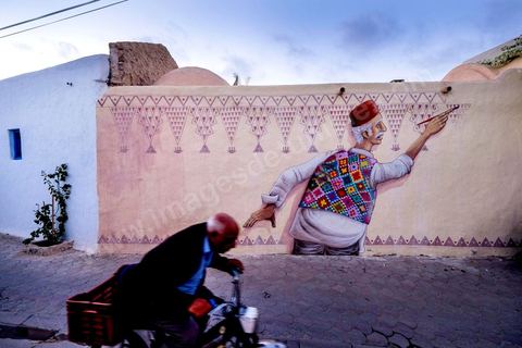 Oeuvre de l'artiste portugais MARIO BELEM pour le Projet DjerbaHood : après la Tour Paris 13, la team Itinerrance dépose ses valises dans un village traditionnel de l’île de Djerba, Erriadh. Depuis le début du mois de juillet, le village d’Erriadh se métamorphose petit à petit pour devenir un véritable musée à ciel ouvert. Une sélection d’artistes des quatre coins du monde ont été invités à s’exprimer dans ce décor unique à l’architecture authentique : murs blancs, portes bleues turquoises, dômes, veilles constructions et divers lieux abandonnés, autant de possibilités qui donneront naissance à des créations uniques aux couleurs locales.