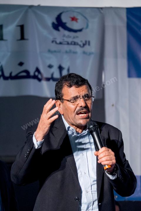 17 octobre 2014 : meeting du parti islamiste Ennahdha dans la salle des sports du quartier populaire de Ezzouhour, banlieue ouest de Tunis, pour laprésentation de la liste Tunis 1 dirigée par Ali Larayedh, ancien ministre de l'intérieur et Premier ministre, pour la campagne électorale des élections législatives du 26 octobre. 