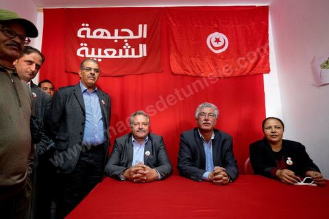 17 novembre 2014 : Hamma Hammami rencontre le smilitants du Front Populaire section Manouba dans le cadre de la campagne électorale pour les élections présidentielles du 23 novembre de Hamma Hammami, président du parti d'extrême gauche le Front popualire dan sles quartiers populaires de Oued Ellil et Douar Hicher, banlieue ouest de Tunis