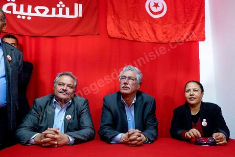 17 novembre 2014 : Hamma Hammami rencontre le smilitants du Front Populaire section Manouba dans le cadre de la campagne électorale pour les élections présidentielles du 23 novembre de Hamma Hammami, président du parti d'extrême gauche le Front popualire dan sles quartiers populaires de Oued Ellil et Douar Hicher, banlieue ouest de Tunis