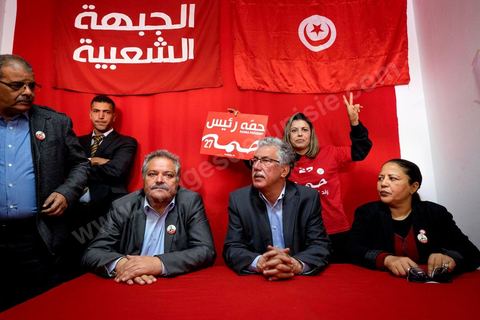 17 novembre 2014 : Hamma Hammami rencontre le smilitants du Front Populaire section Manouba dans le cadre de la campagne électorale pour les élections présidentielles du 23 novembre de Hamma Hammami, président du parti d'extrême gauche le Front popualire dan sles quartiers populaires de Oued Ellil et Douar Hicher, banlieue ouest de Tunis
