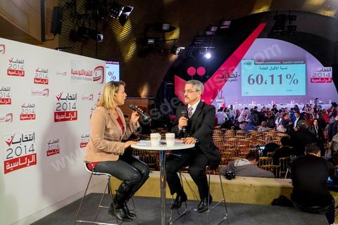 22 décembre 2014 : au centre medias de l'ISIE, Instance Supérieure Indépendante pour les Elections, Chafik Sarsar, président, et les membres, viennent annoncer les résultats définitifs de l'élection présidentielle donnant une large victoire à Beji Caïd Essebsi avec 55,68 % contre 44,32 % pour le président sortant Moncef Marzouki dan sle cadre des 1ères élections présidentielles libre en Tunisie.